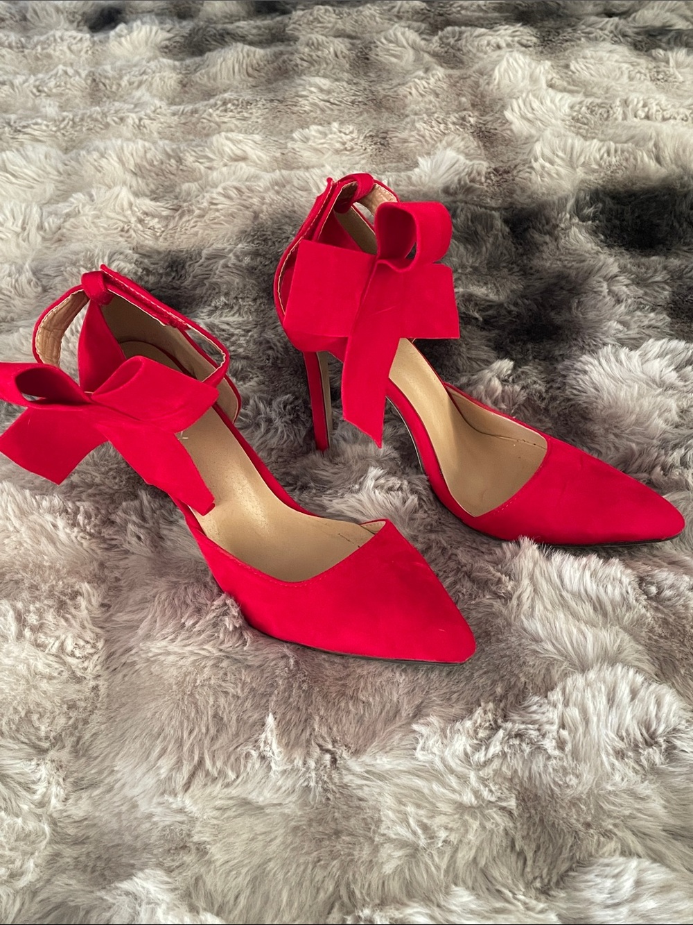 MmJuly faux suede Red Pointed-Toe Bow Ankle Strap Heels